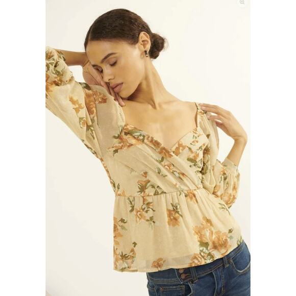 Enchanted Garden Floral Chiffon Peasant Top Small 100% Polyester Natural - Picture 10 of 13